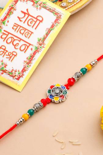 men multicolor artificial stones & beads floral design thread rakhi with roli chawal chandan & mishri