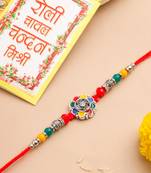 men multicolor artificial stones & beads floral design thread rakhi with roli chawal chandan & mishri