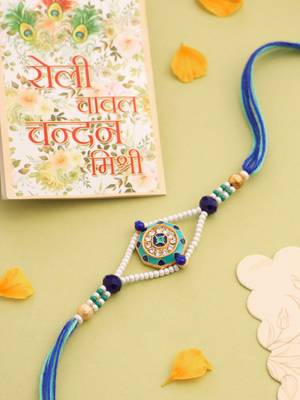 men blue artificial stones & beads floral design thread rakhi with roli chawal chandan & mishri 1