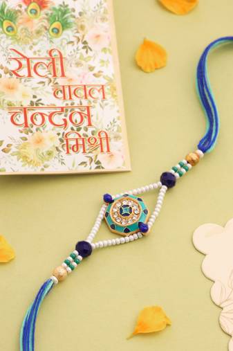 men blue artificial stones & beads floral design thread rakhi with roli chawal chandan & mishri