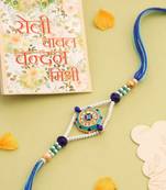 men blue artificial stones & beads floral design thread rakhi with roli chawal chandan & mishri