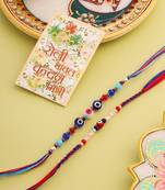   multicolor evil eye artificial beads thread rakhi with roli chawal chandan & mishri