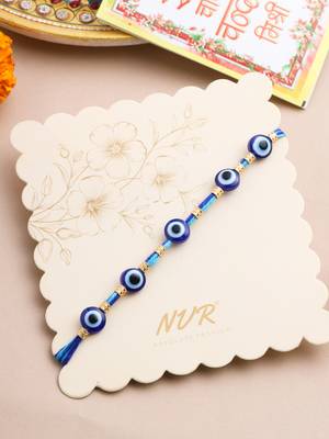 blue evil eye thread rakhi with roli chawal chandan & mishri 1