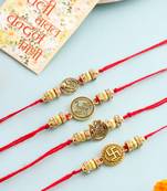   set of 4 gold toned artificial stones swastik design thread rakhi with roli chawal chandan & mishri