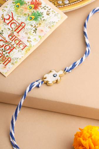 men blue evil eye thread rakhi with roli chawal chandan & mishri
