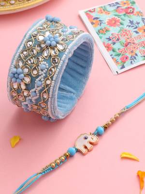  set of 2 blue artificial stones & beads floral bhaiya bhabhi rakhi with roli chawal chandan & mishri 1