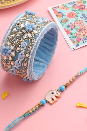  set of 2 blue artificial stones & beads floral bhaiya bhabhi rakhi with roli chawal chandan & mishri