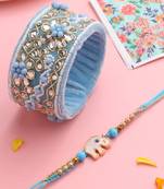  set of 2 blue artificial stones & beads floral bhaiya bhabhi rakhi with roli chawal chandan & mishri