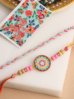   set of 2 multicolor artificial stones & beads thread rakhi with roli chawal chandan & mishri 1