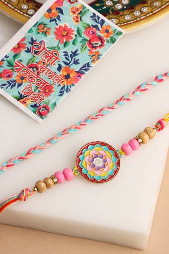   set of 2 multicolor artificial stones & beads thread rakhi with roli chawal chandan & mishri