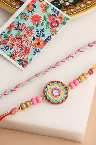   set of 2 multicolor artificial stones & beads thread rakhi with roli chawal chandan & mishri