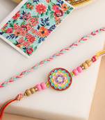   set of 2 multicolor artificial stones & beads thread rakhi with roli chawal chandan & mishri