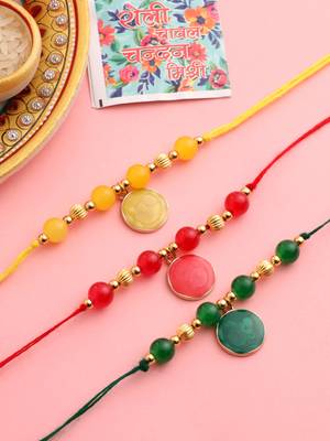   set of 3 multicolor artificial beads thread rakhi with roli chawal chandan & mishri 1