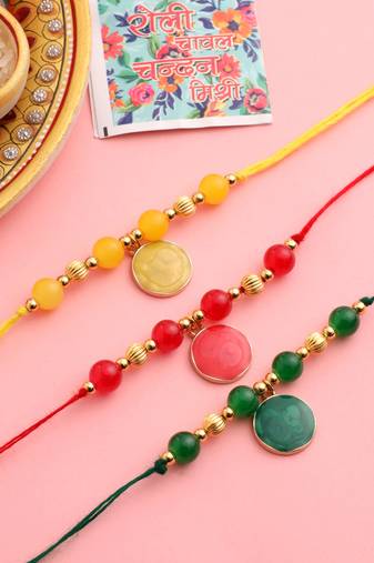   set of 3 multicolor artificial beads thread rakhi with roli chawal chandan & mishri