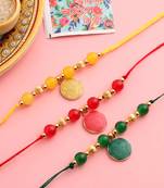   set of 3 multicolor artificial beads thread rakhi with roli chawal chandan & mishri