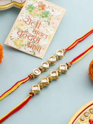   set of 2 multicolor kundan studded thread rakhi with roli chawal chandan & mishri 1
