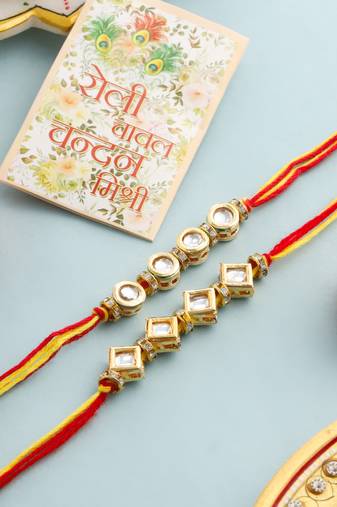   set of 2 multicolor kundan studded thread rakhi with roli chawal chandan & mishri