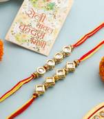  set of 2 multicolor kundan studded thread rakhi with roli chawal chandan & mishri