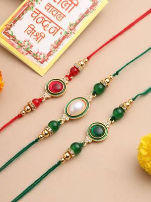   set of 3 multicolor artificial beads & pearls thread rakhi with roli chawal chandan & mishri 1