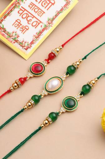   set of 3 multicolor artificial beads & pearls thread rakhi with roli chawal chandan & mishri