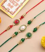   set of 3 multicolor artificial beads & pearls thread rakhi with roli chawal chandan & mishri