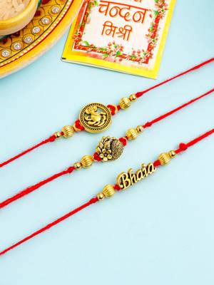   set of 3 gold toned thread rakhi with roli chawal chandan & mishri 1