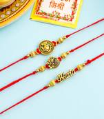   set of 3 gold toned thread rakhi with roli chawal chandan & mishri