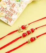   set of 3 red artificial beads & pearls thread rakhi with roli chawal chandan & mishri