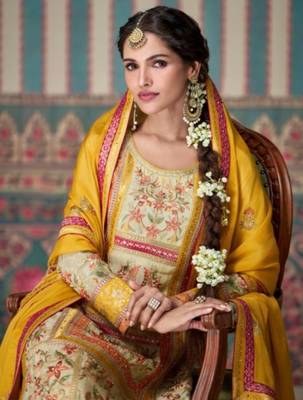 Yellow embroidered silk stitched Palazzo suit 2