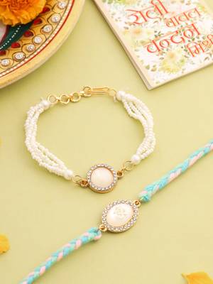  set of 2 white pearls & artificial beads bhaiya bhabhi rakhi with roli chawal chandan & mishri 1