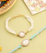  set of 2 white pearls & artificial beads bhaiya bhabhi rakhi with roli chawal chandan & mishri