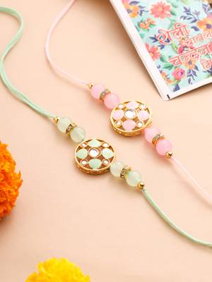   set of 2 artificial stones & beads floral design thread rakhi with roli chawal chandan & mishri 1