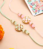   set of 2 artificial stones & beads floral design thread rakhi with roli chawal chandan & mishri