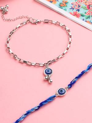  set of 2 blue evil eye bhaiya bhabhi rakhi with roli chawal chandan & mishri 1
