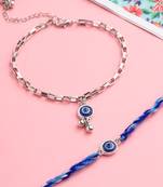  set of 2 blue evil eye bhaiya bhabhi rakhi with roli chawal chandan & mishri