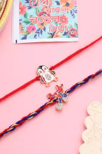  kids set of 2 cartoon character blue & red thread rakhi with roli chawal chandan & mishri