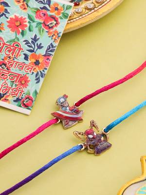  kids set of 2 cartoon character purple & red thread rakhi with roli chawal chandan & mishri 1