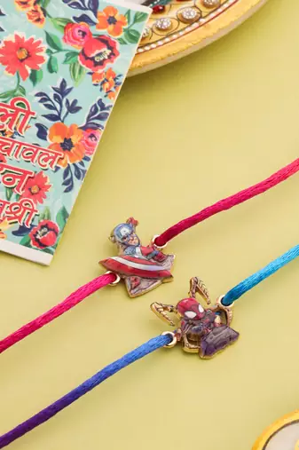  kids set of 2 cartoon character purple & red thread rakhi with roli chawal chandan & mishri