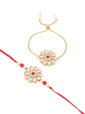 set of 2 gold toned kundan studded floral design bhaiya bhabhi rakhi set with roli chawal chandan & mishri 2