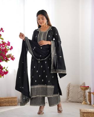 Beautiful Pure Chinon Silk Fabric Straight Fit Kurta With Dupatta Trousers 1