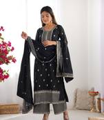 Beautiful Pure Chinon Silk Fabric Straight Fit Kurta With Dupatta Trousers
