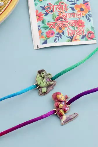  kids set of 2 cartoon design multicolor thread rakhi with roli chawal chandan & mishri