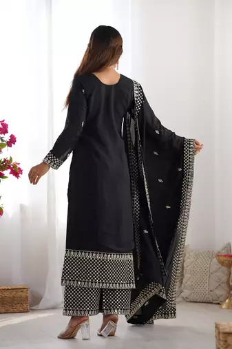 Beautiful Pure Chinon Silk Fabric Straight Fit Kurta With Dupatta Trousers