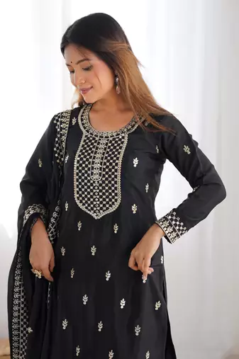 Beautiful Pure Chinon Silk Fabric Straight Fit Kurta With Dupatta Trousers