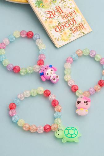  kids set of 3 cartoon design artificial beads thread rakhi with roli chawal chandan & mishri