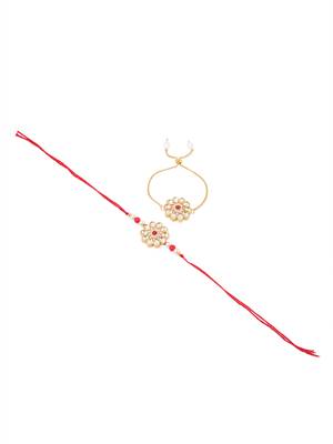 set of 2 gold toned kundan studded floral design bhaiya bhabhi rakhi set with roli chawal chandan & mishri 3