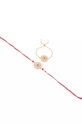 set of 2 gold toned kundan studded floral design bhaiya bhabhi rakhi set with roli chawal chandan & mishri