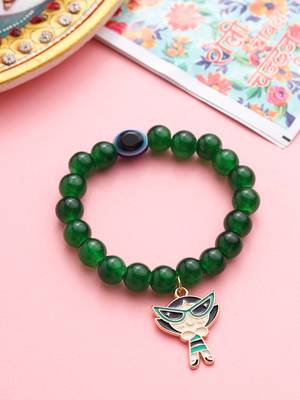 kids cartoon design green artificial beads thread rakhi with roli chawal chandan & mishri 1