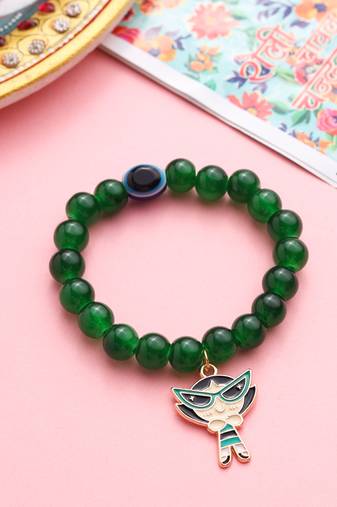 kids cartoon design green artificial beads thread rakhi with roli chawal chandan & mishri