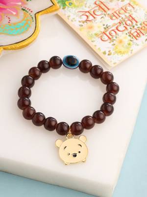 kids cartoon design brown artificial beads thread rakhi with roli chawal chandan & mishri 1